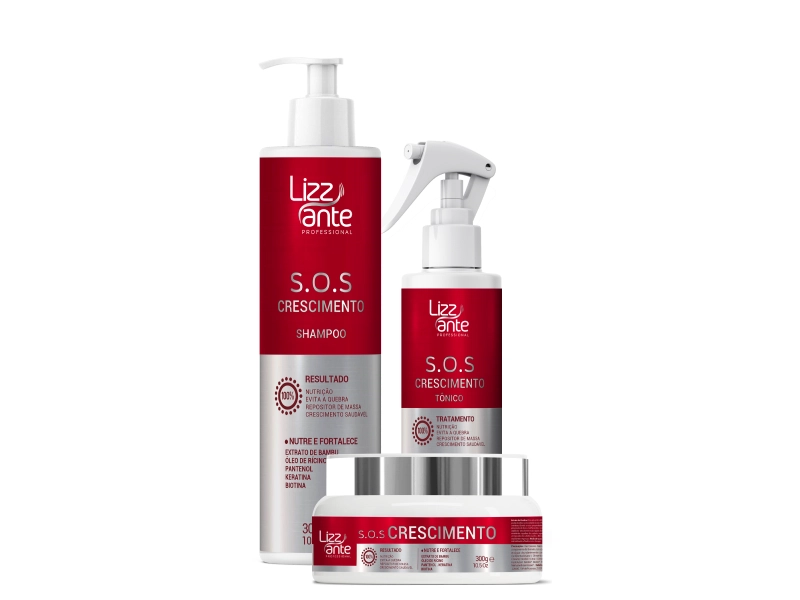 Kit de produtos capilares Lizz Ante S.O.S. Crescimento, composto por shampoo, tônico e máscara profissional para fortalecimento e crescimento saudável do cabelo.