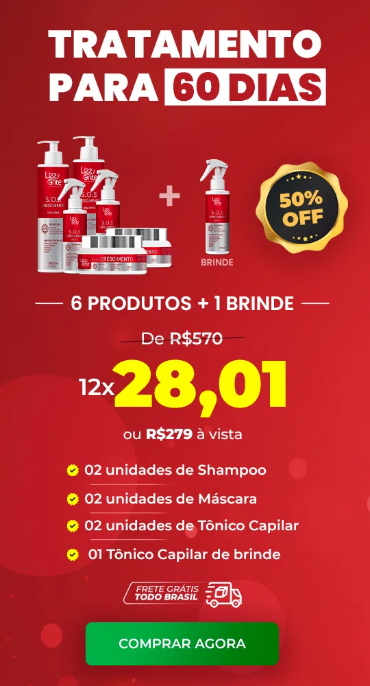 Kit de produtos capilares Lizz Ante S.O.S. Crescimento, composto por shampoo, tônico e máscara profissional para fortalecimento e crescimento saudável do cabelo.