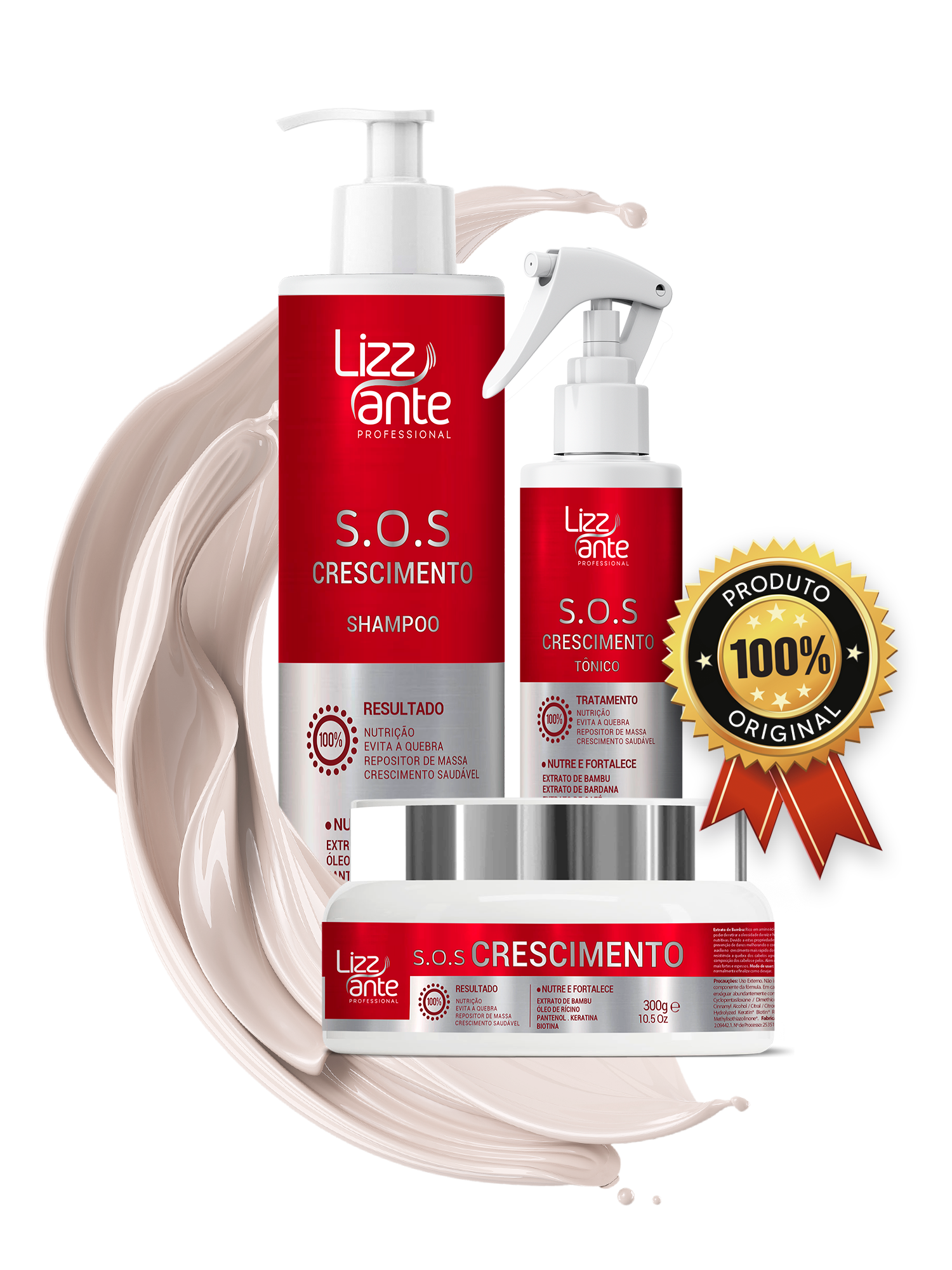 Kit de produtos capilares Lizz Ante S.O.S. Crescimento, composto por shampoo, tônico e máscara profissional para fortalecimento e crescimento saudável do cabelo.